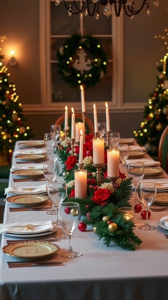 Elegant Christmas Table Settings for a Long Table A long Christmas dinner table elegantly set with festive decorations, candles, and place settings.